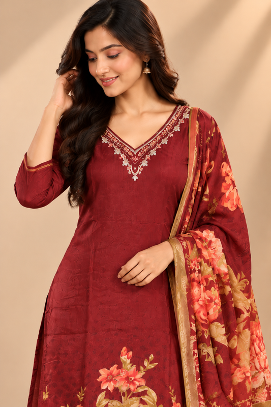 Maroon Floral Printed Embroidered Kurta Set with Dupatta