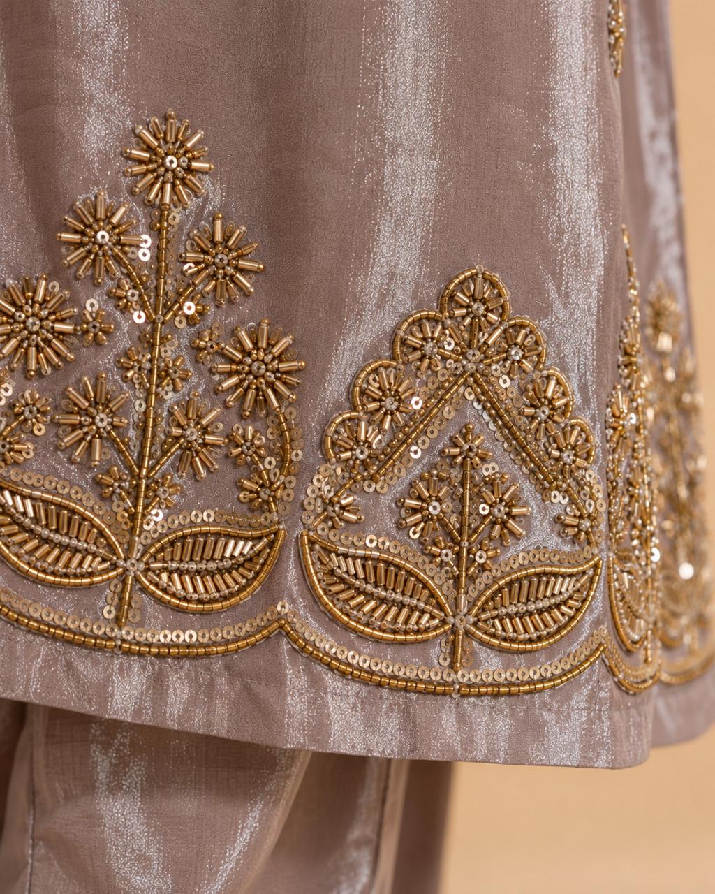 Mauve Tissue Silk Embroidered Kurta Set with Dupatta