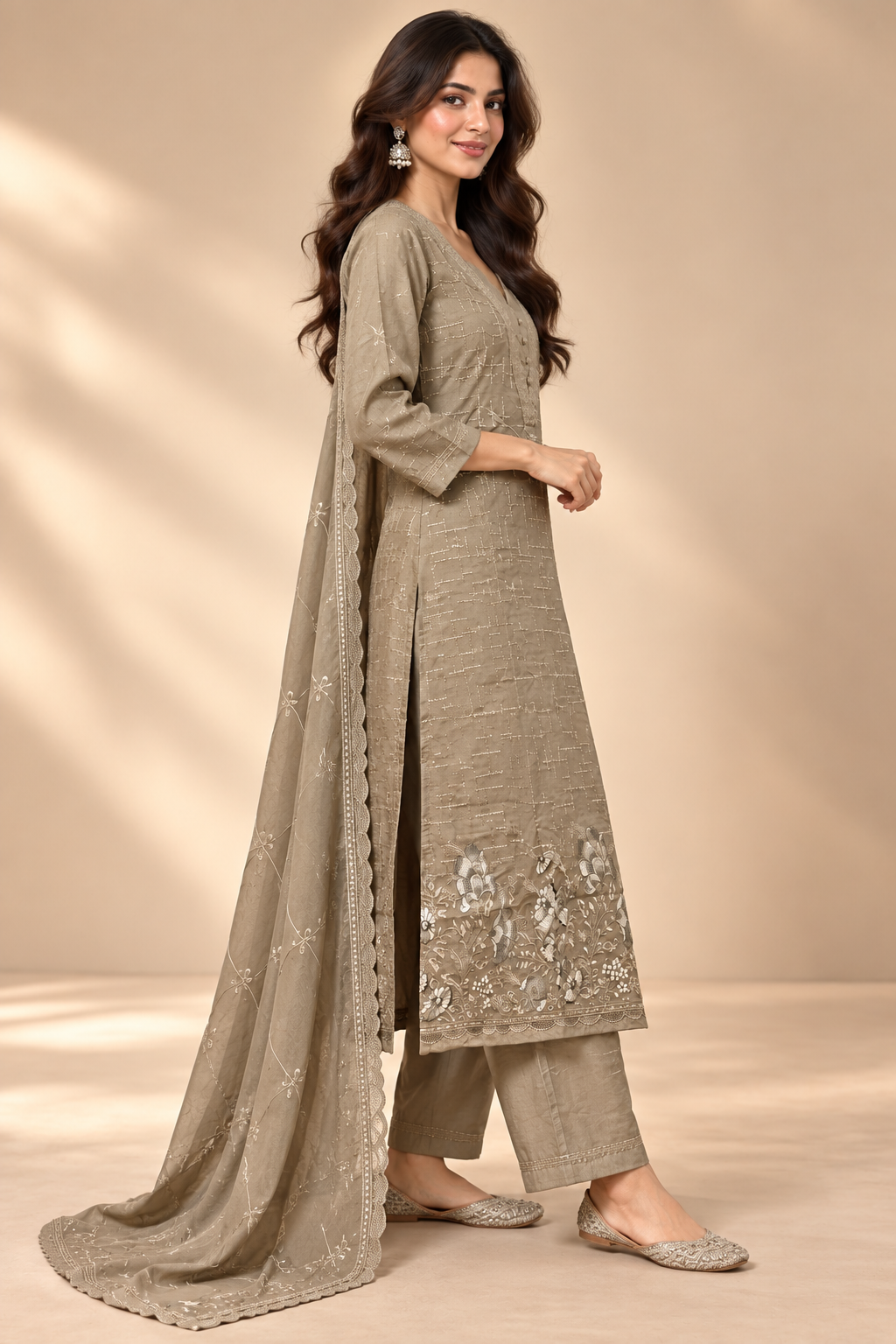 Taupe Cotton Embroidered Kurta Set with Dupatta