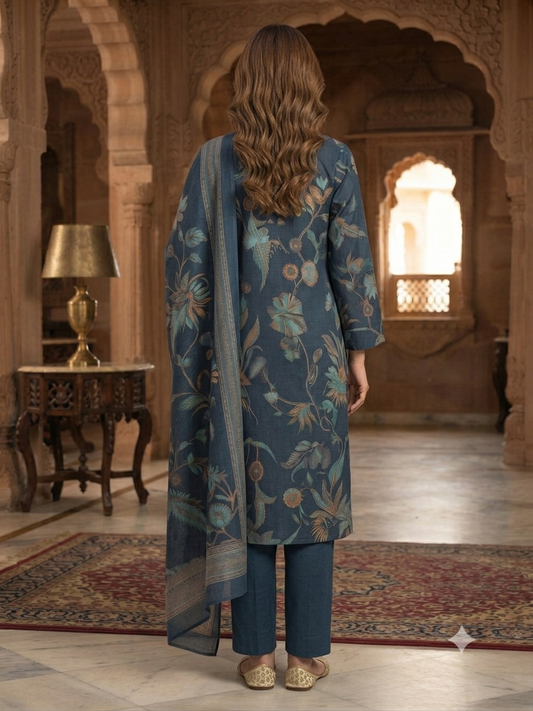 Elegant Blue Floral Printed Kurta Set with Dupatta