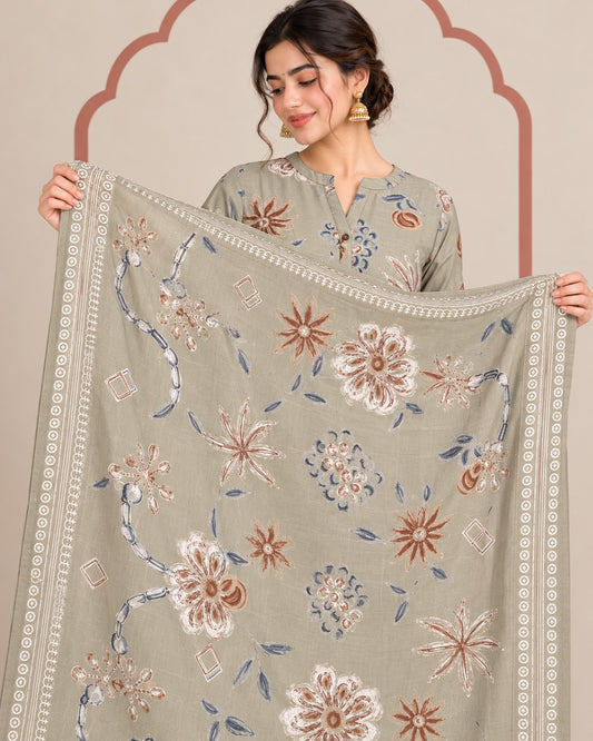 Beige Floral Printed Cotton Kurta Set with Pants & Dupatta