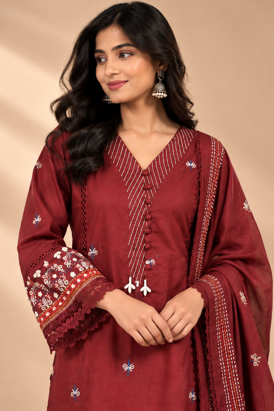 Maroon Cotton Embroidered Kurta Set with Lace Detailing & Dupatta