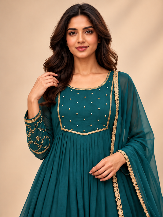Teal Green Chinon Silk Anarkali Kurta Set with Dupatta