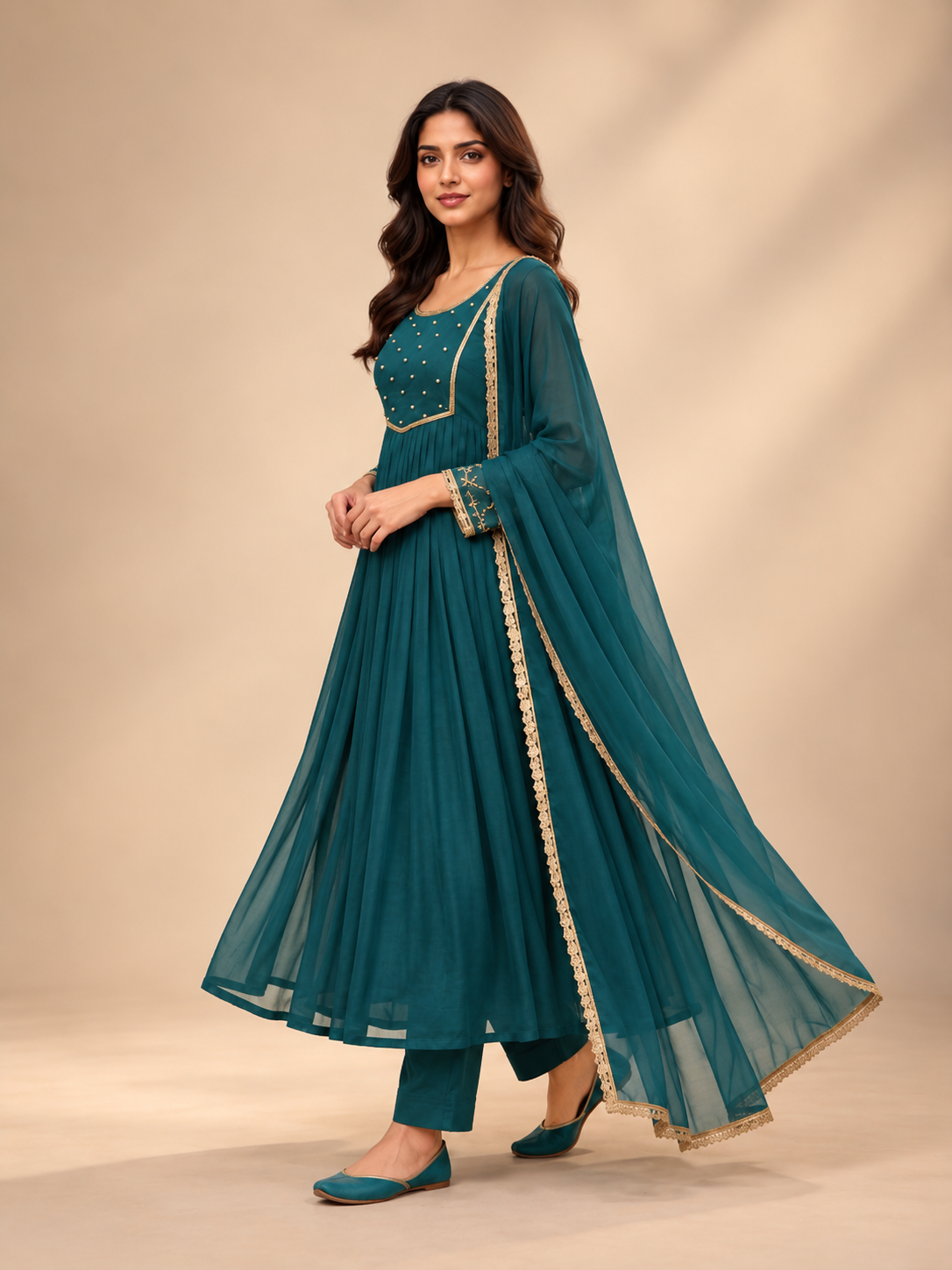 Teal Green Chinon Silk Anarkali Kurta Set with Dupatta