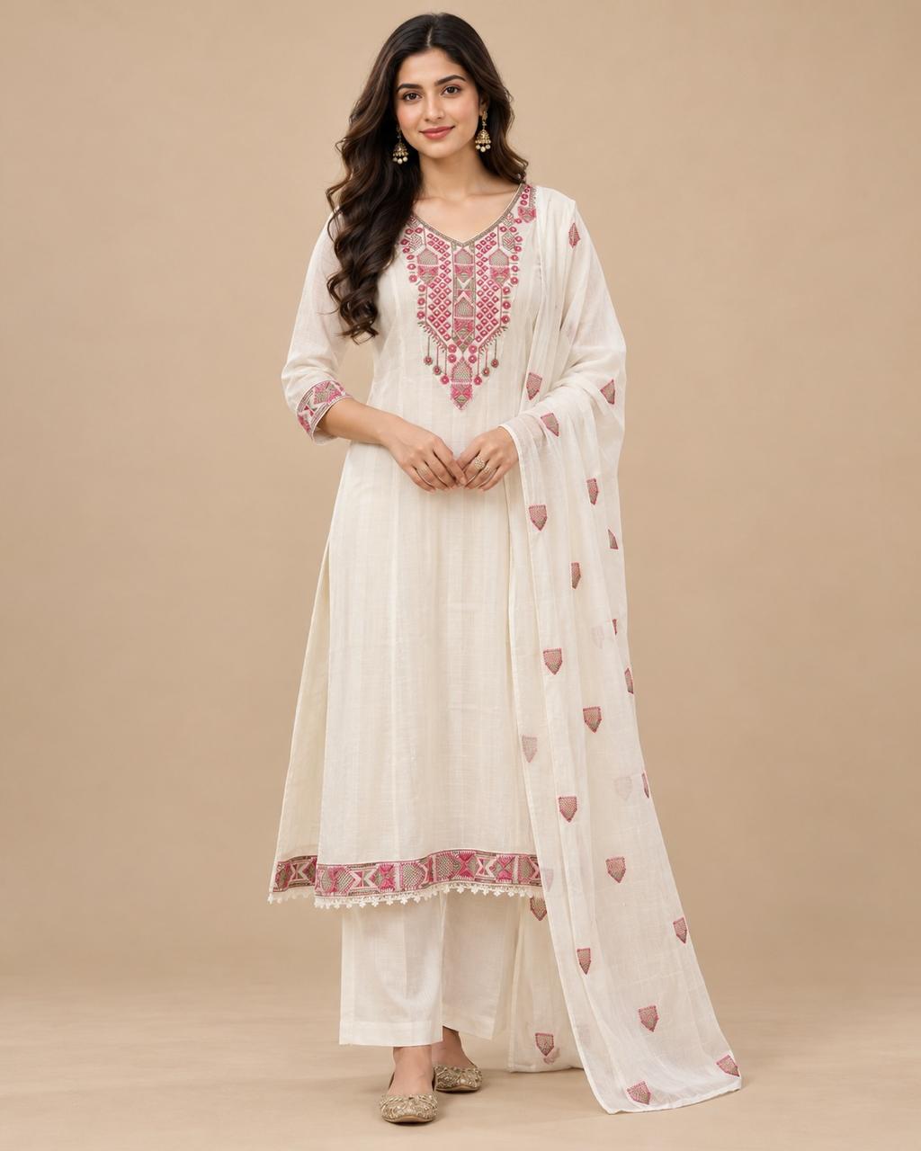 White Cotton Embroidered Kurta Set with Dupatta