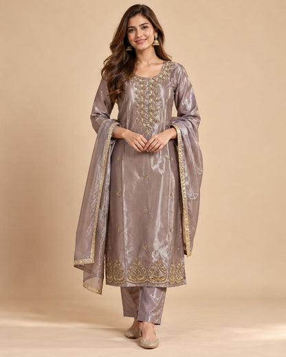 Mauve Tissue Silk Embroidered Kurta Set with Dupatta
