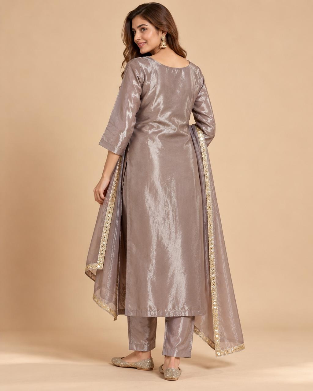 Mauve Tissue Silk Embroidered Kurta Set with Dupatta