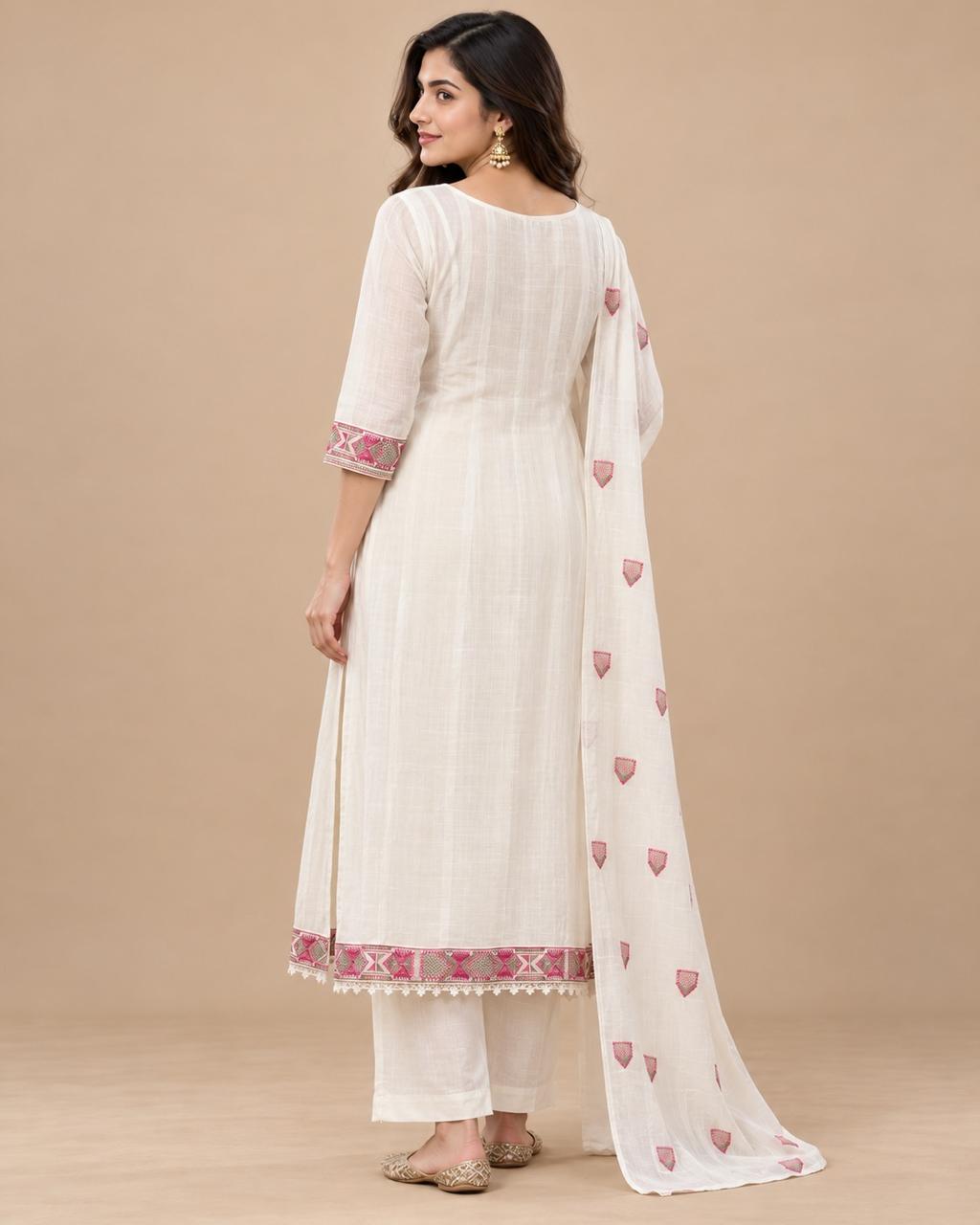 White Cotton Embroidered Kurta Set with Dupatta