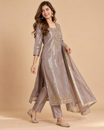 Mauve Tissue Silk Embroidered Kurta Set with Dupatta