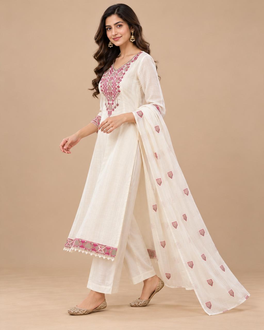 White Cotton Embroidered Kurta Set with Dupatta