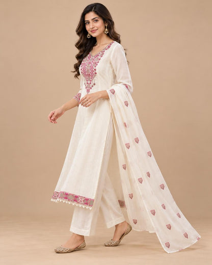 White Cotton Embroidered Kurta Set with Dupatta