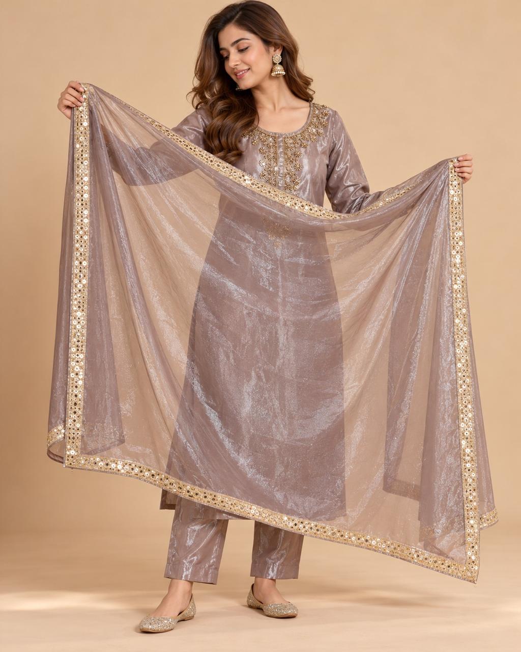 Mauve Tissue Silk Embroidered Kurta Set with Dupatta