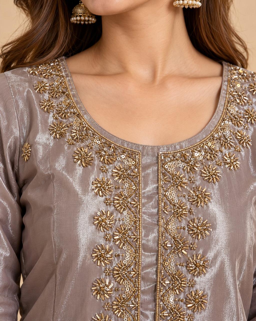 Mauve Tissue Silk Embroidered Kurta Set with Dupatta