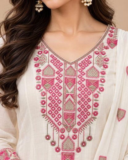 White Cotton Embroidered Kurta Set with Dupatta