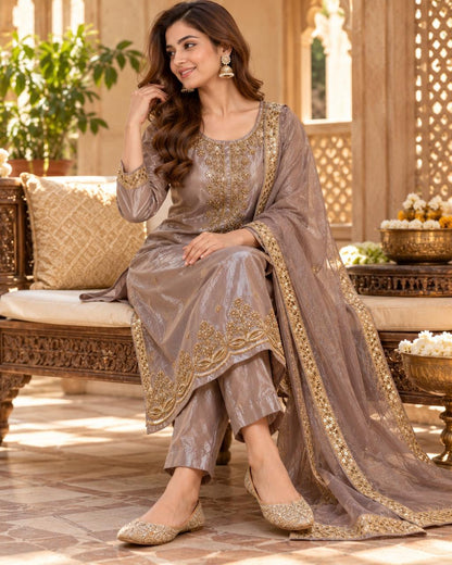 Mauve Tissue Silk Embroidered Kurta Set with Dupatta