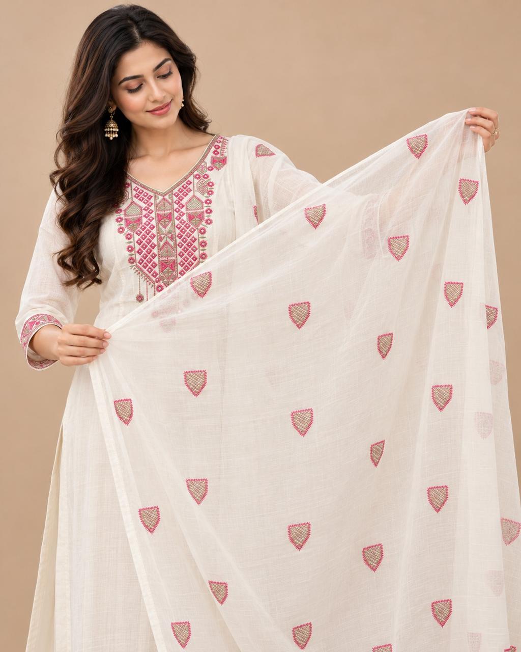 White Cotton Embroidered Kurta Set with Dupatta