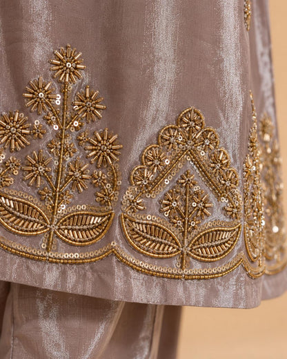 Mauve Tissue Silk Embroidered Kurta Set with Dupatta