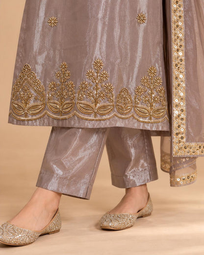Mauve Tissue Silk Embroidered Kurta Set with Dupatta