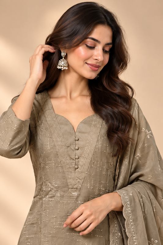 Taupe Cotton Embroidered Kurta Set with Dupatta