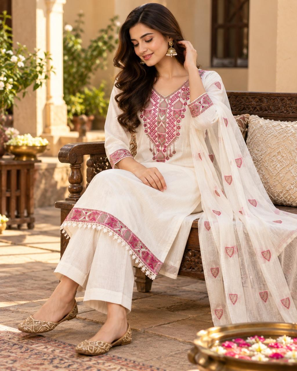 White Cotton Embroidered Kurta Set with Dupatta