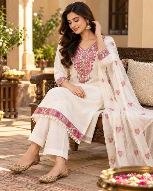 White Cotton Embroidered Kurta Set with Dupatta