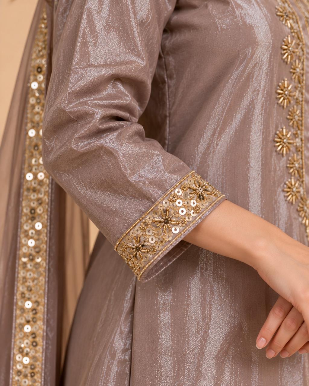 Mauve Tissue Silk Embroidered Kurta Set with Dupatta