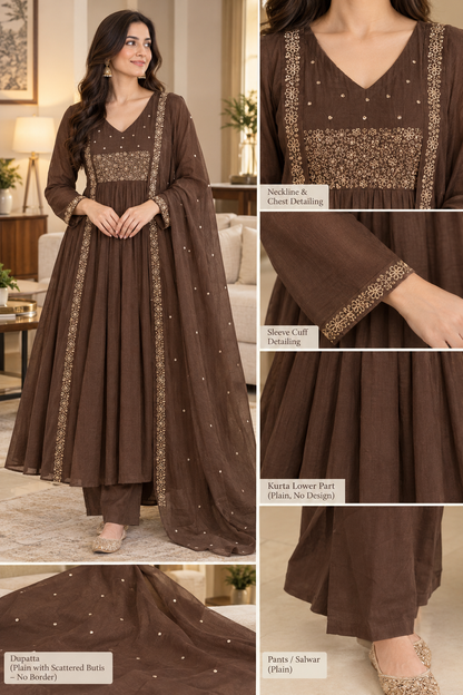 Coffee Brown Chinon Silk Embroidered Anarkali Set with Dupatta