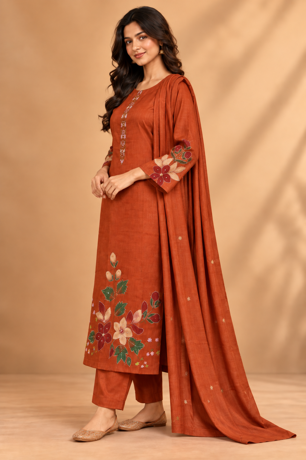 Rust Glace Cotton Appliqué Work Kurta Set with Dupatta