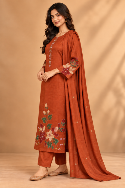 Rust Glace Cotton Appliqué Work Kurta Set with Dupatta