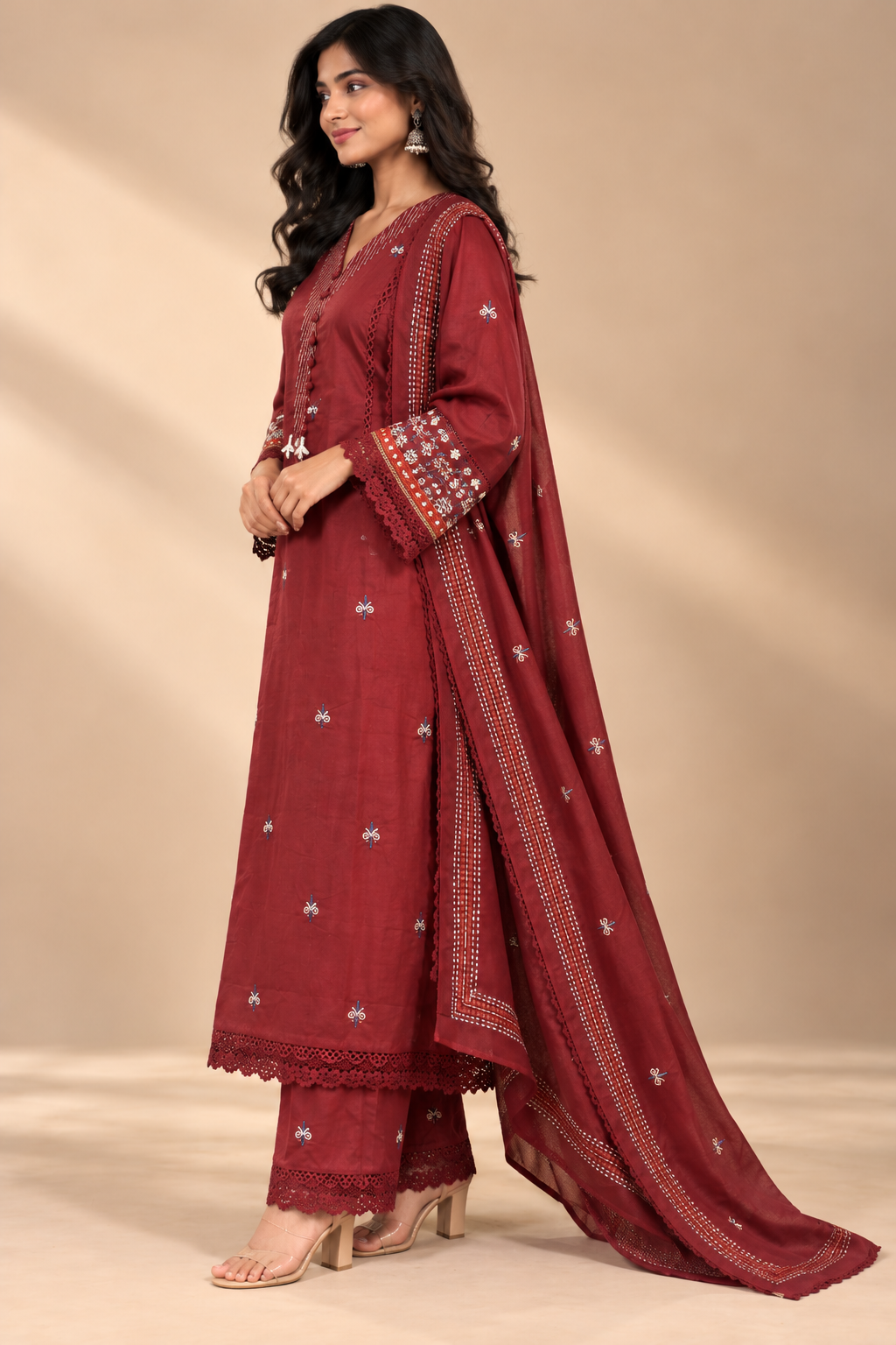 Maroon Cotton Embroidered Kurta Set with Lace Detailing & Dupatta