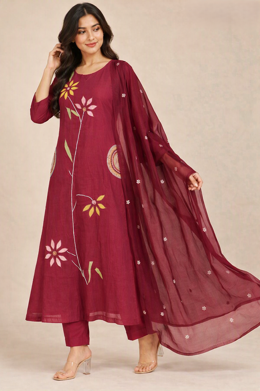 Maroon Glace Cotton Floral Embroidered Kurta Set with Dupatta
