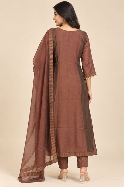 Wine Chanderi Cotton Anarkali Kurta Set with Dupatta