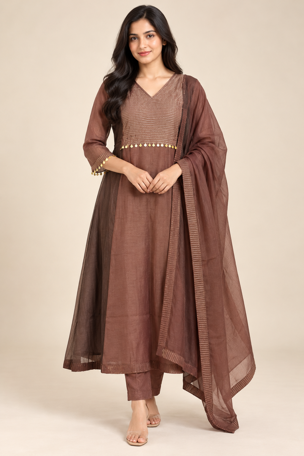 Wine Chanderi Cotton Anarkali Kurta Set with Dupatta