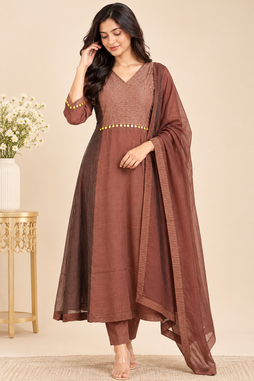 Wine Chanderi Cotton Anarkali Kurta Set with Dupatta