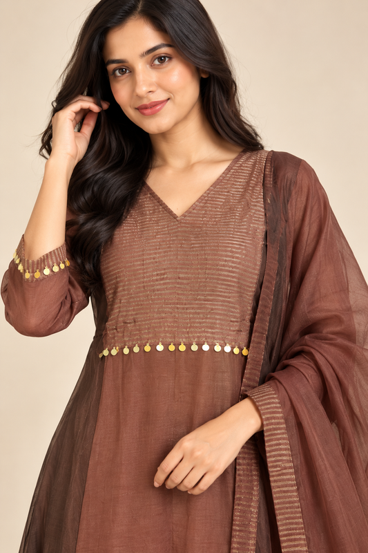 Wine Chanderi Cotton Anarkali Kurta Set with Dupatta
