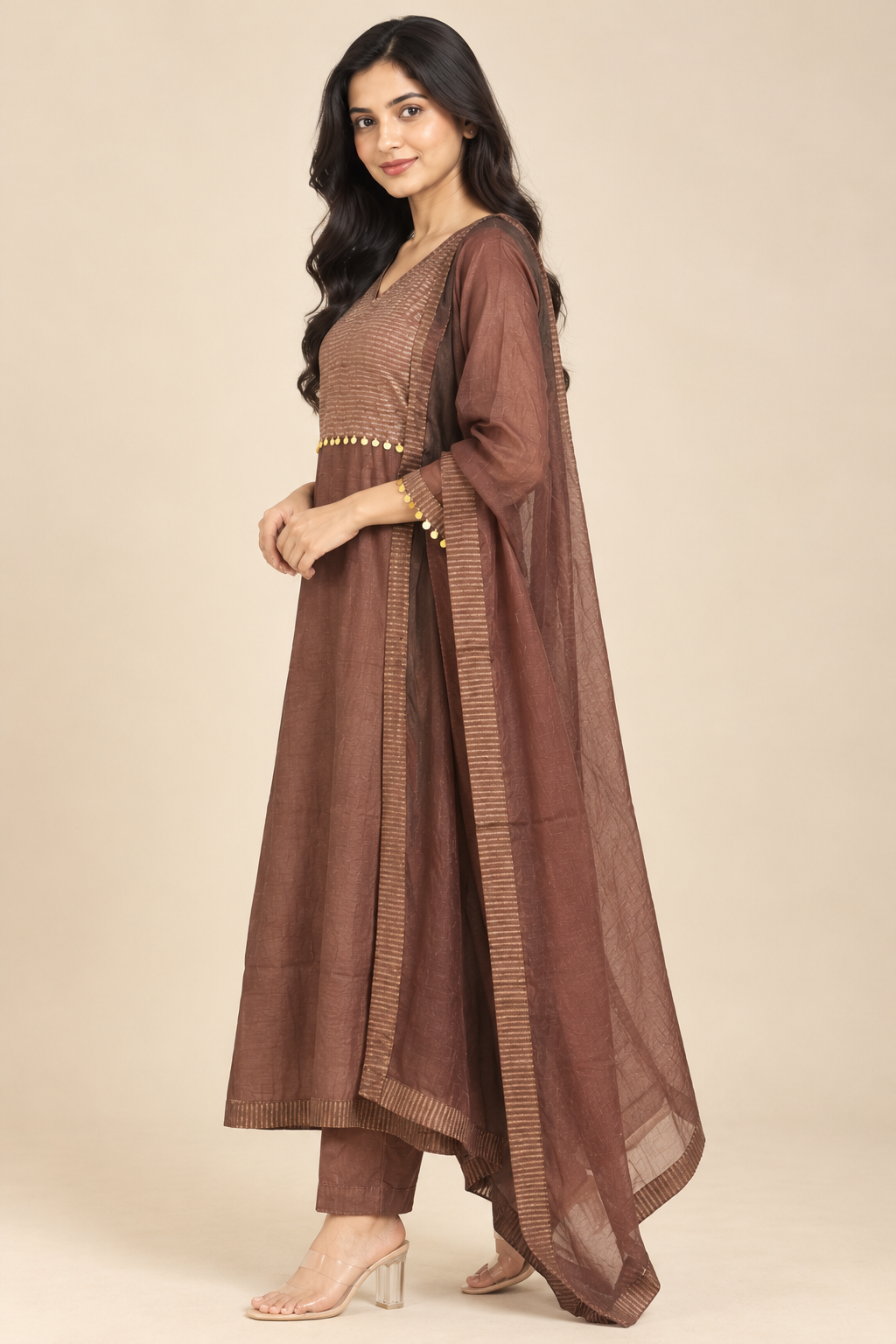 Wine Chanderi Cotton Anarkali Kurta Set with Dupatta