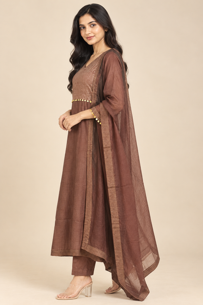 Wine Chanderi Cotton Anarkali Kurta Set with Dupatta