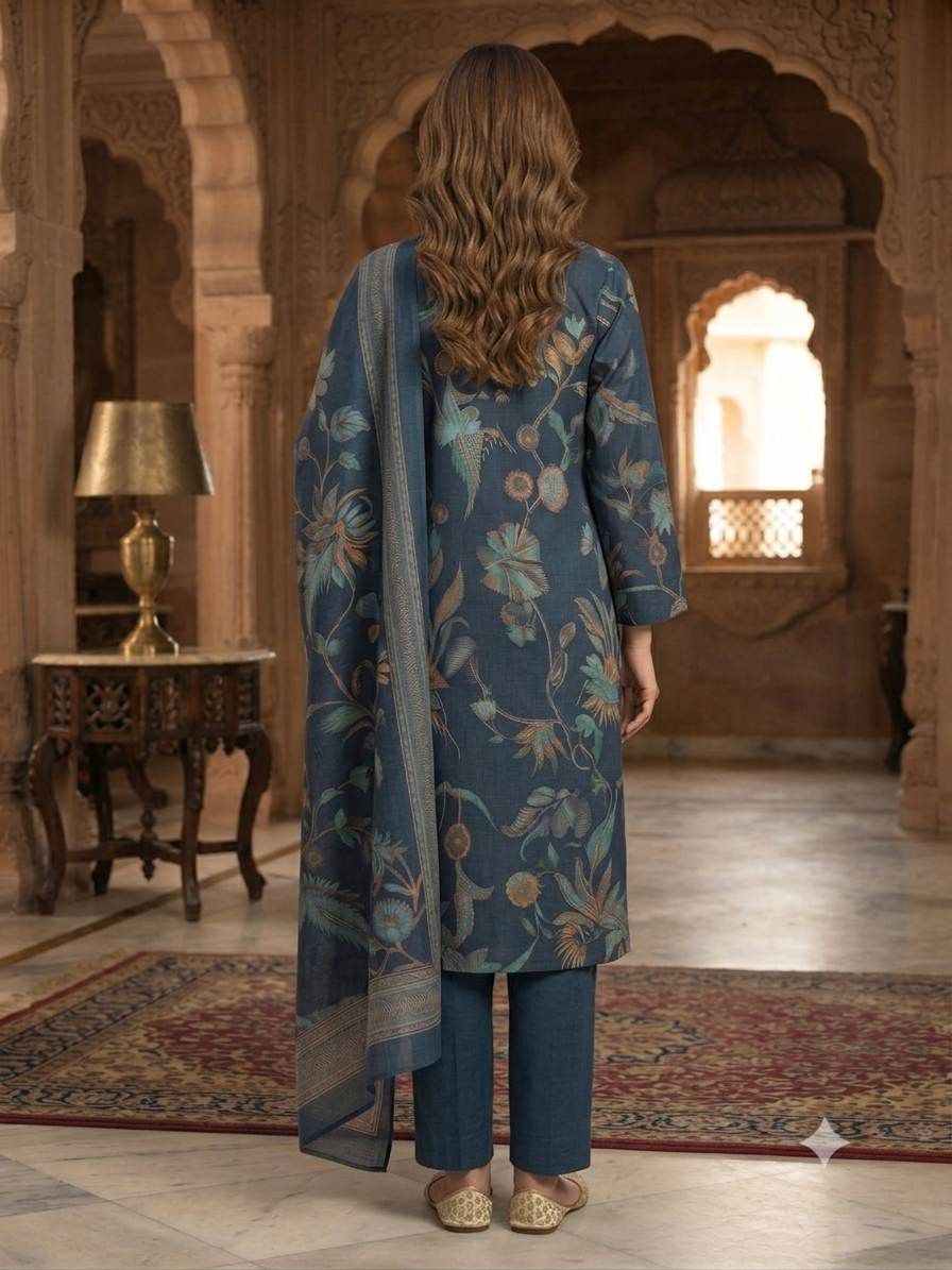 Elegant Blue Floral Printed Kurta Set with Dupatta