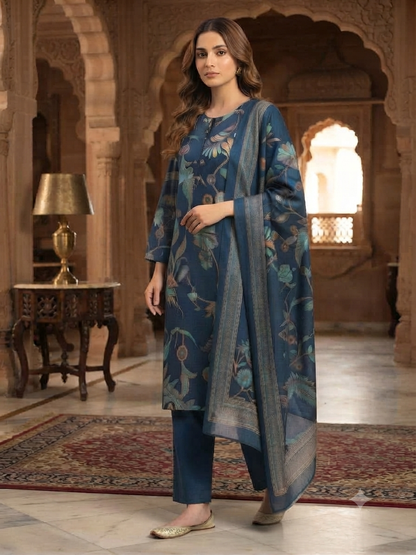 Elegant Blue Floral Printed Kurta Set with Dupatta