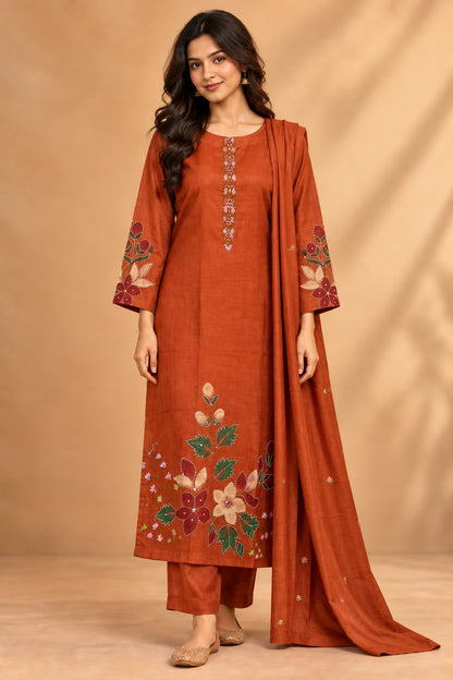 Rust Glace Cotton Appliqué Work Kurta Set with Dupatta