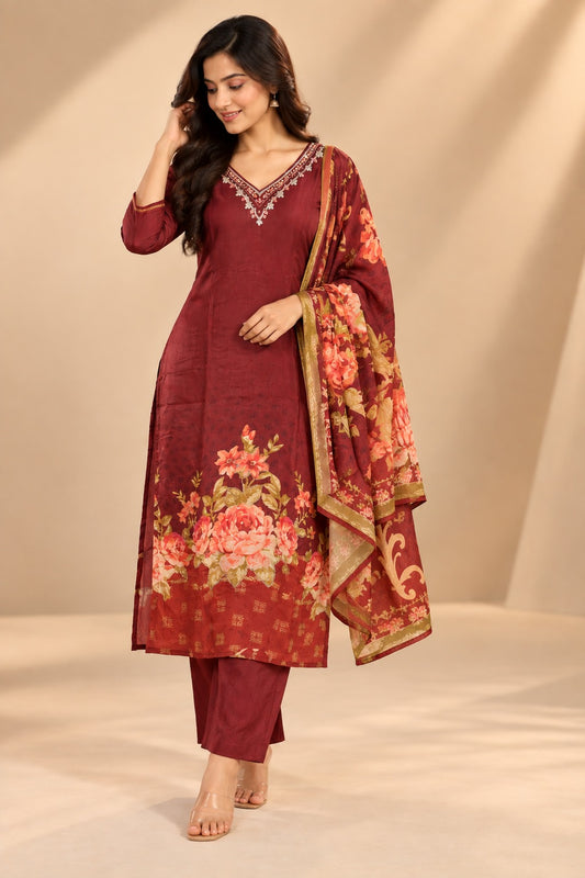 Maroon Floral Printed Embroidered Kurta Set with Dupatta