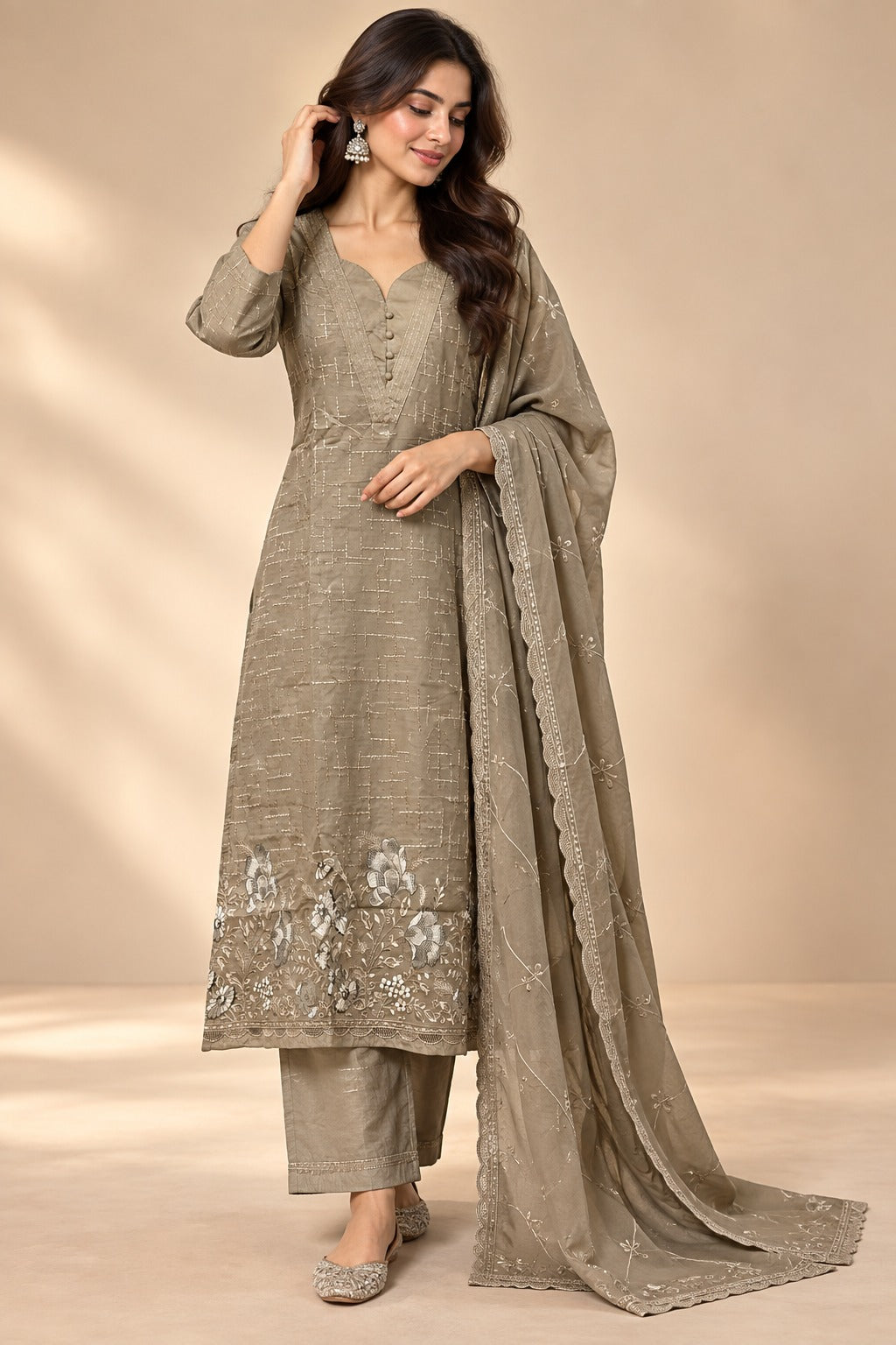Taupe Cotton Embroidered Kurta Set with Dupatta