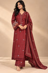 Maroon Cotton Embroidered Kurta Set with Lace Detailing & Dupatta