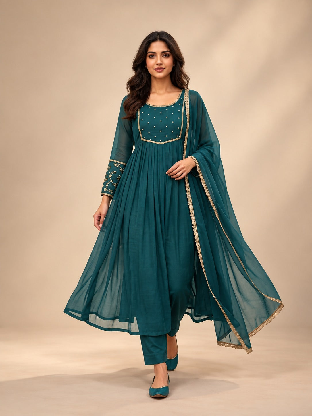 Teal Green Chinon Silk Anarkali Kurta Set with Dupatta