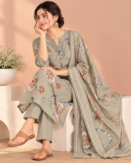 Beige Floral Printed Cotton Kurta Set with Pants & Dupatta