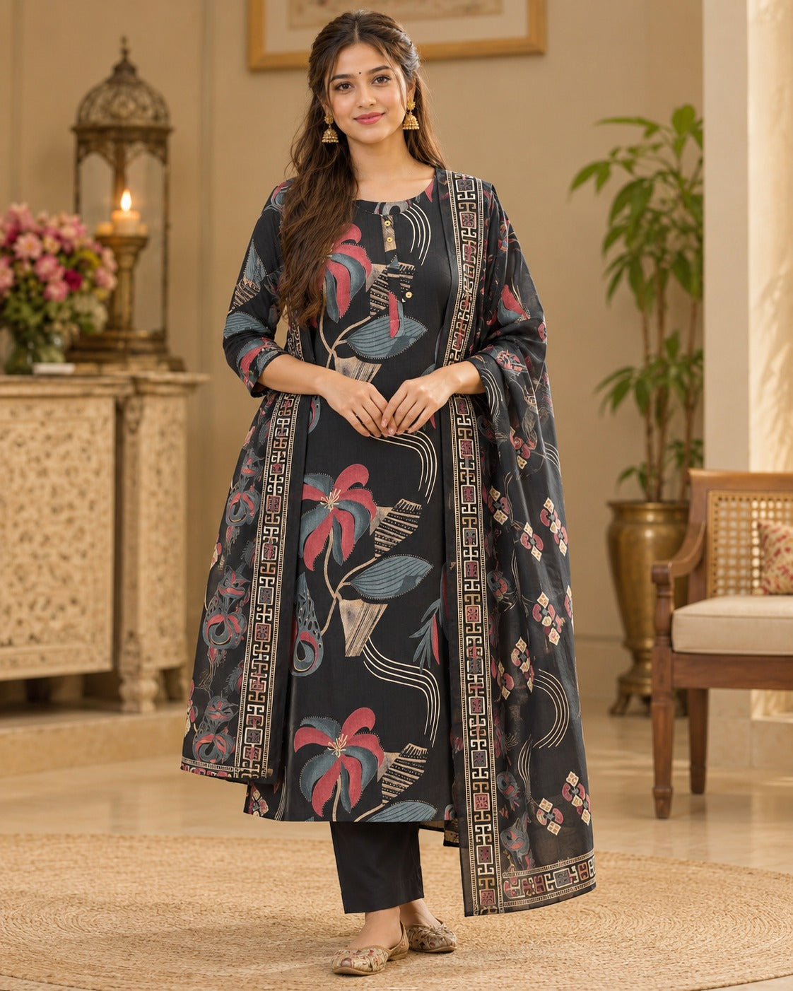 Black Abstract Floral Printed Cotton Kurta Set with Pants & Dupatta
