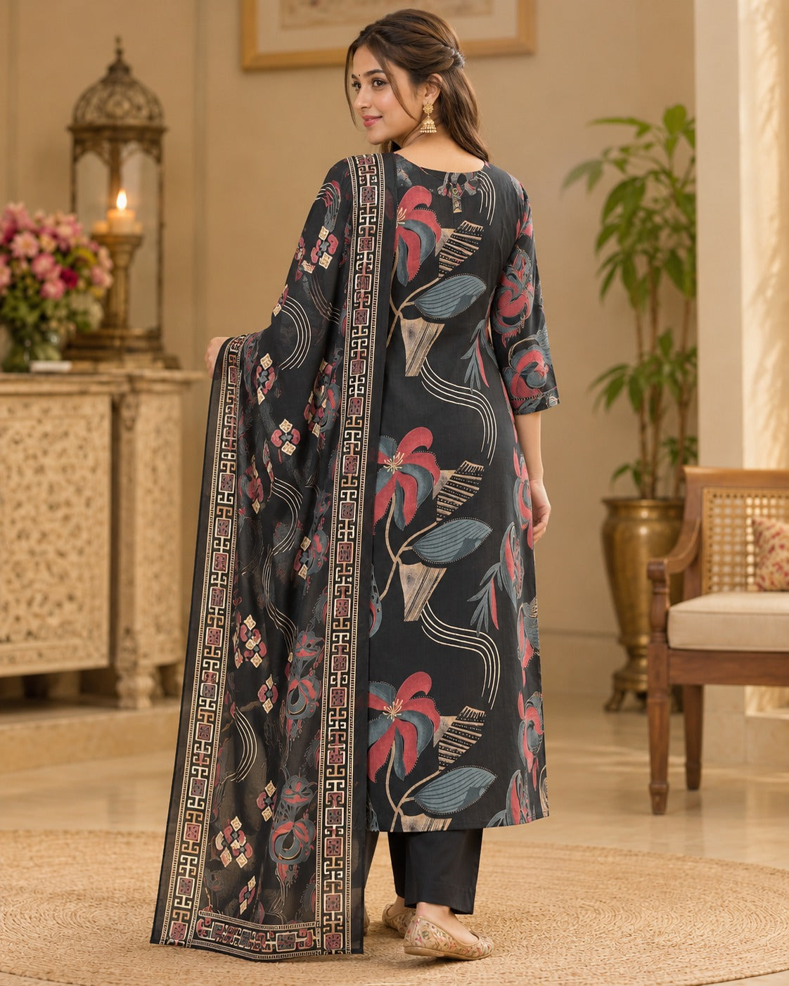 Black Abstract Floral Printed Cotton Kurta Set with Pants & Dupatta