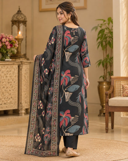 Black Abstract Floral Printed Cotton Kurta Set with Pants & Dupatta
