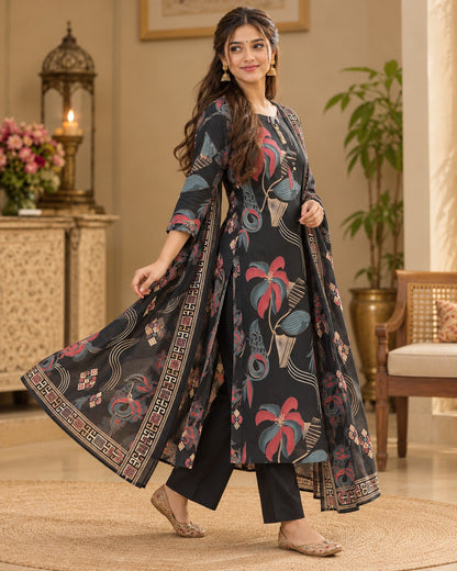 Black Abstract Floral Printed Cotton Kurta Set with Pants & Dupatta