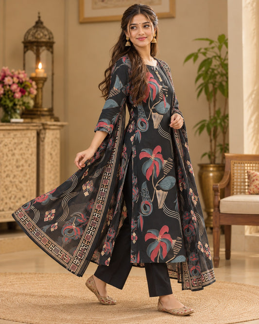 Black Abstract Floral Printed Cotton Kurta Set with Pants & Dupatta